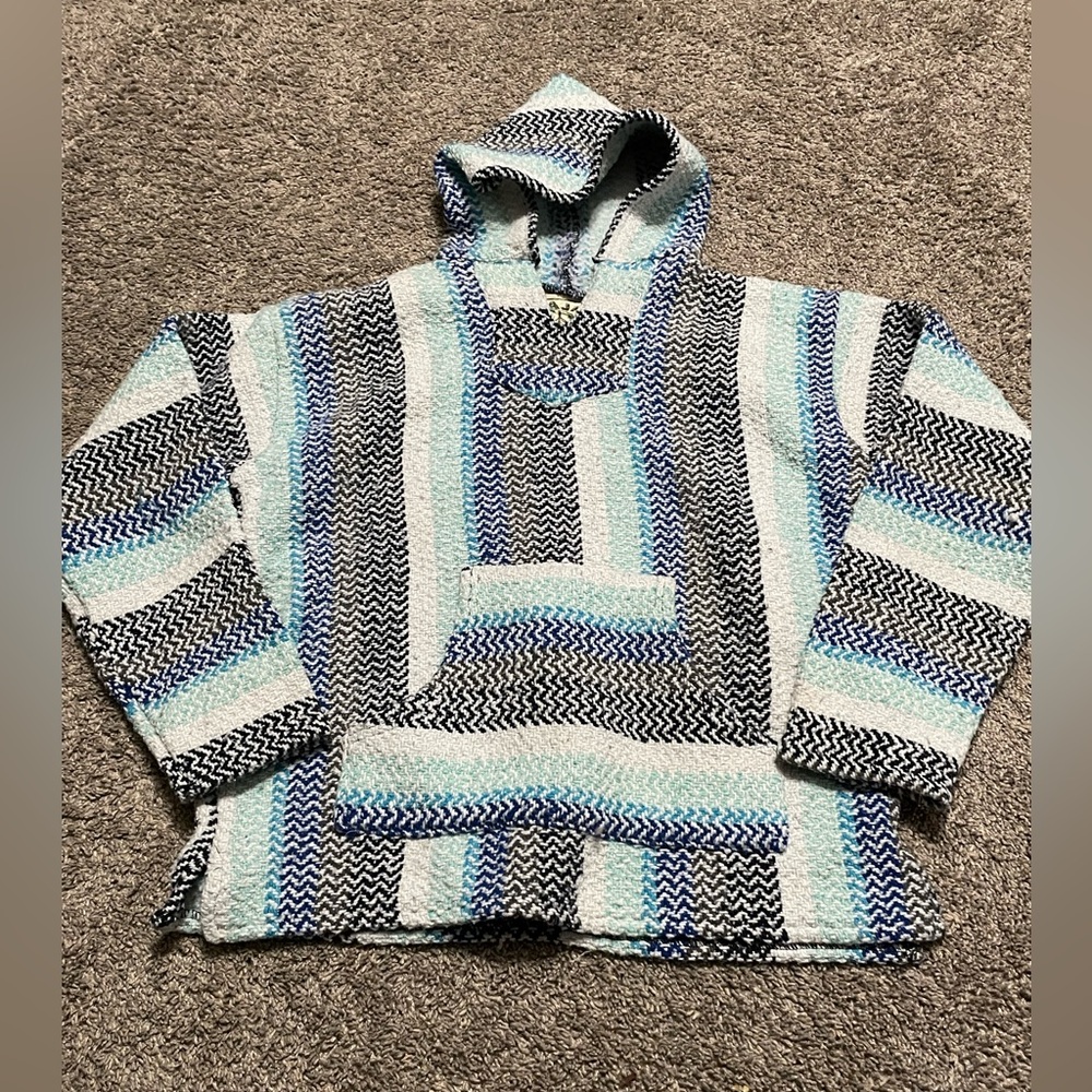 Baja Joe Earth Ragz Women's Medium Blue White Knit Baja Surfer‎ Hippie Hoodie
